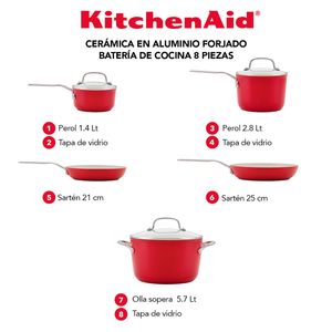Batería 8Pzs. Aluminio forjado. Antiadherente cerámico.Color Rojo. KitchenAid
